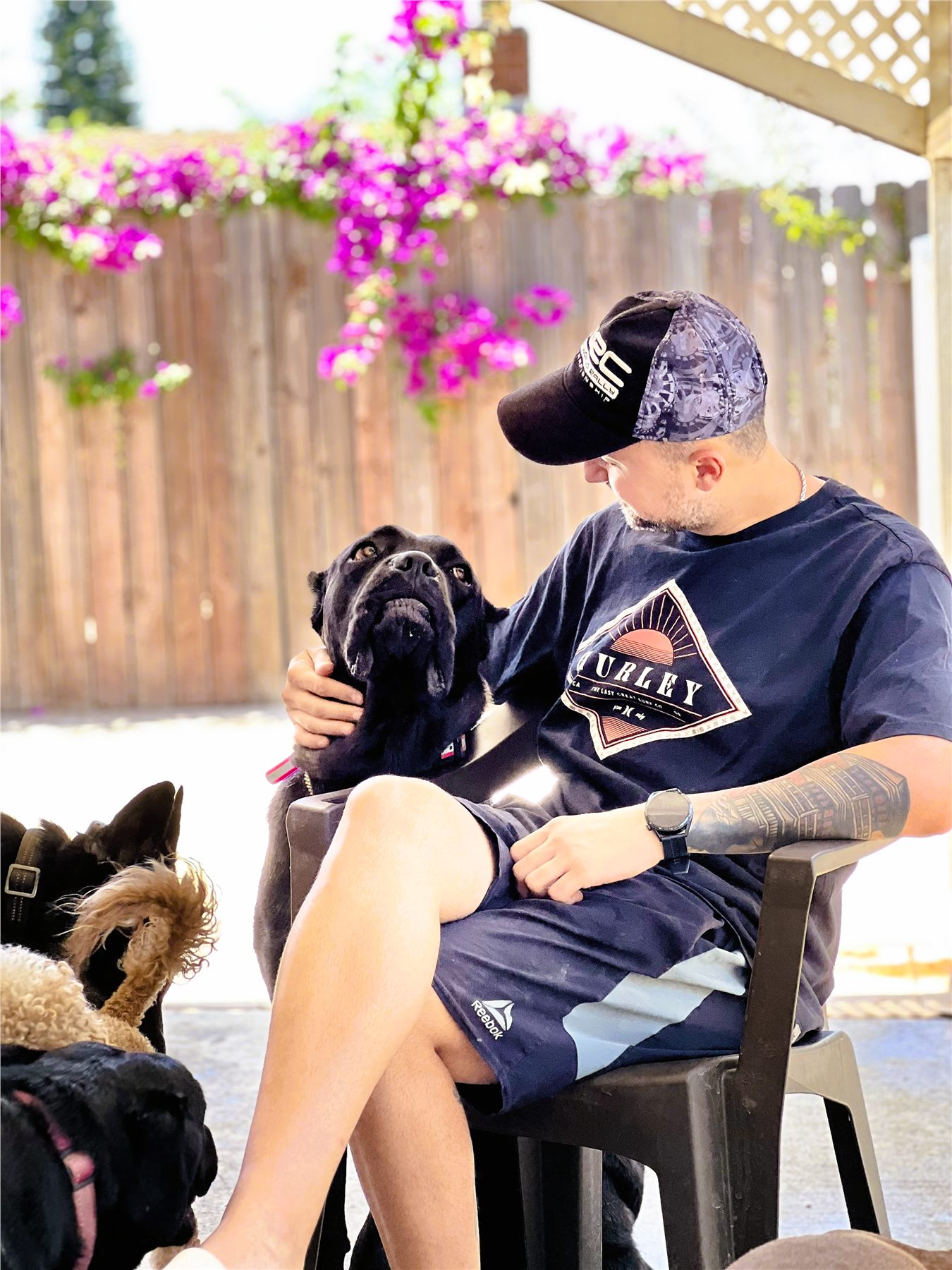 A YAY Doggy team member relaxing with a dog and several friends nearby